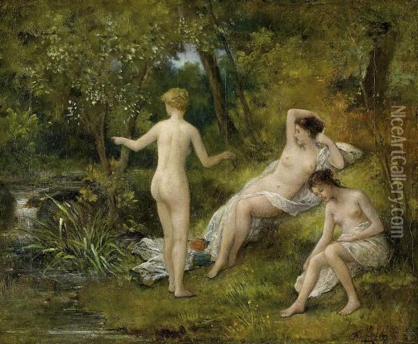 Bathers In A Forest Lake Oil Painting - Francois Lafon