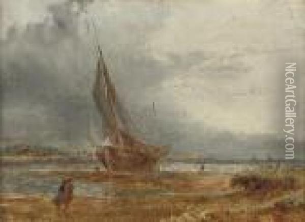 A Beached Fishing Vessel In An Onshore Breeze Oil Painting - William Joseph Caesar Julius Bond