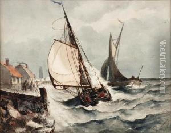 Smallsailing Vessels In Stormy Harbor Oil Painting - Adrien Aime Taunay