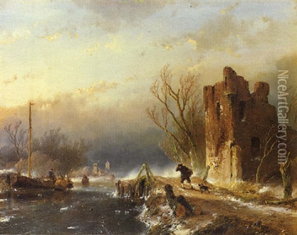 A Winter Landscape With A Traveller On A Path Along A Frozen River By A Ruin Oil Painting - Andreas Schelfhout