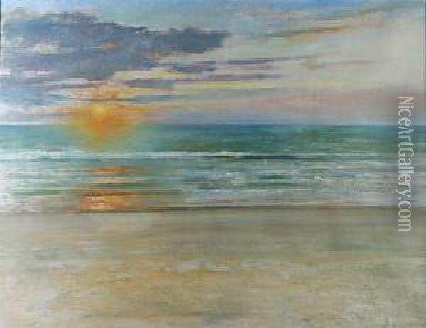 Havsstrand I Solnedgang Oil Painting - August Wilhelm Nikolaus Hagborg