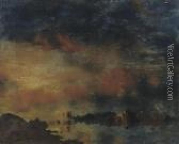 Avondstemming Aan De Ijssel Met 
Een Gezicht Op Hattem: The River Ijssel With A View Of Hattum Oil Painting - Floris Verster