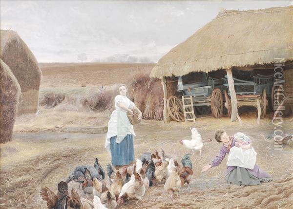 Feeding The Hens Oil Painting - Edward Killingworth Johnson