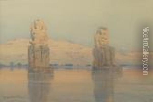 The Colossi Of Memnon, Thebes Oil Painting - Augustus Osborne Lamplough