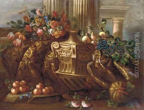 Mmixed flowers, grapes, pears, peaches, a melon and a carpet Oil Painting - Pietro Navarra
