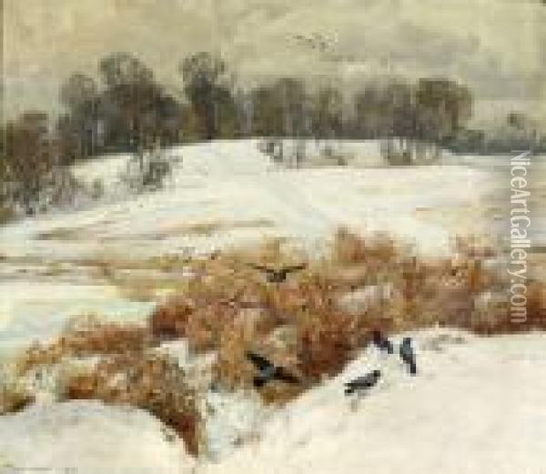 Vinterlandskap Med Kraker Pa Et Jorde 1906 Oil Painting - Thorolf Holmboe