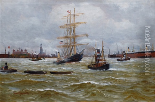 Bark And Tugboat In Hamburg Harbour Oil Painting - Alfred Serenius Jensen