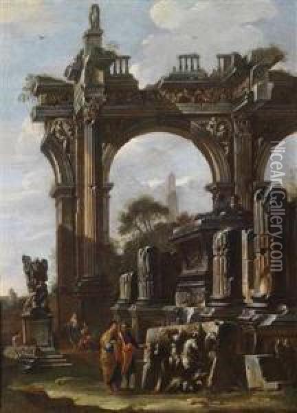 A Capriccio With Ruins And Figures Oil Painting - Domenico Roberti
