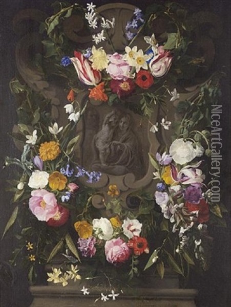 Roses, Narcissi, Tulips, Snowdrops, Morning Glory, Hyacinths, Jasmine And Other Flowers In A Garland Surrounding A Stone Cartouche With The Holy Family (collab. W/erasmus Quellinus) Oil Painting - Daniel Seghers