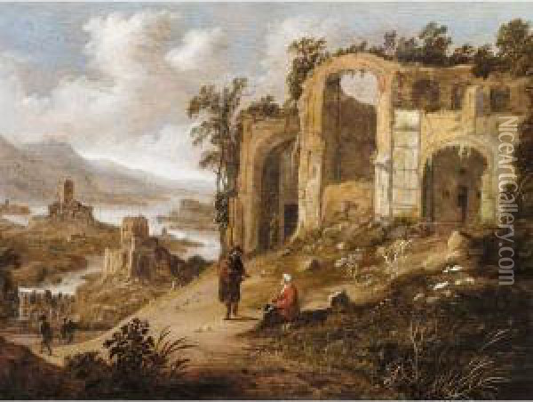 An Extensive River Landscape With Figures Resting Before Ruins Oil Painting - Dirck Verhaert