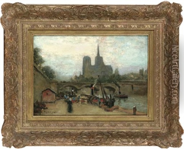 Barges On The Seine With Notre Dame Beyond Oil Painting - Joseph Yelverton Dawbarn