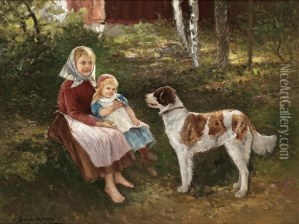 Barn Och Hund Oil Painting - Johan Severin Nilsson