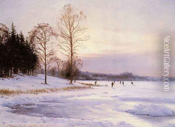 Skaters on A Frozen Pond Oil Painting - Sigvard Hansen
