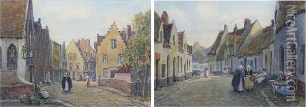 A Street Scene In Bruges, And Another Similar, A Pair Oil Painting - James W. Milliken