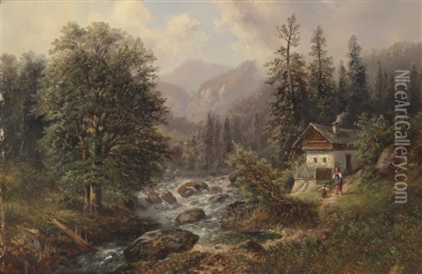 Kleines Bauernhaus Am Gebirgsbach Oil Painting - Gustav Barbarini