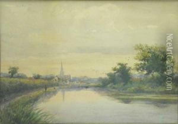 River Scene With Village In The Distance Oil Painting - Arthur Powell May