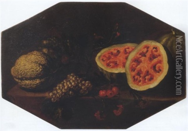 Zucche, Uva, Garofani Ed Anguria Su Un Piano Di Pietra En Plein Air Oil Painting - Giuseppe Ruoppolo