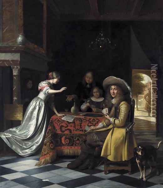 Card Players at a Table 1670-74 Oil Painting - Pieter De Hooch