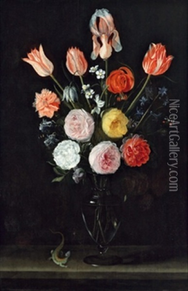 Blumenstraus Mit Rosen, Tulpen, Nelke Und Anderen Bluten In Einer Glasernen Vase, Mit Einer Eidechse Und Einem Schmetterling Oil Painting - Jacob Marrel