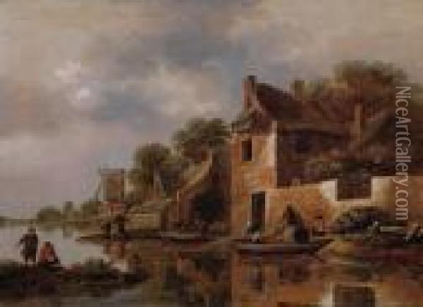 Paesaggio Di Un Canale Olandese Con Battellieri Su Una Barca E Un Villaggio Oil Painting - Claes Molenaar (see Molenaer)