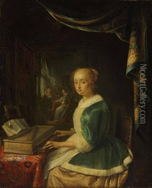 A Young Lady Playing A Clavichord Oil Painting - Gerrit Dou