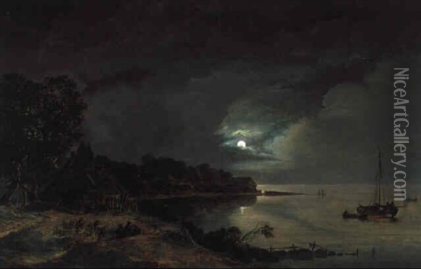 Meereskuste Bei Mondschein Oil Painting - Frederik Michael Ernst Fabritius de Tengnagel