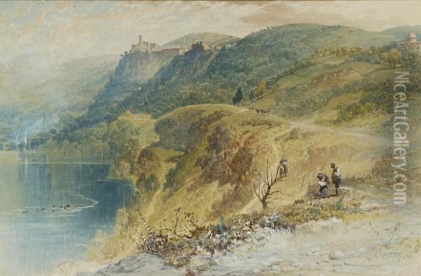 Figures By Lake Nemi, Italy Oil Painting - Myles Birket Foster