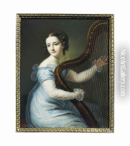 Dorette Spohr, Nee Scheidler (1787-1834), Playing The Harp, Seated On A Red-upholstered Stool, Wearing A Blue Gauze Dress With White Underdress Oil Painting - Carl Gottlob Schmeidler