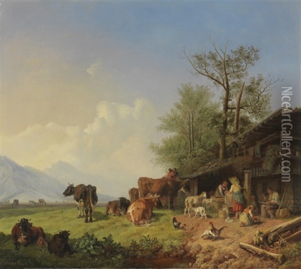 Bauernhof Mit Brunnen Oil Painting - Heinrich Buerkel