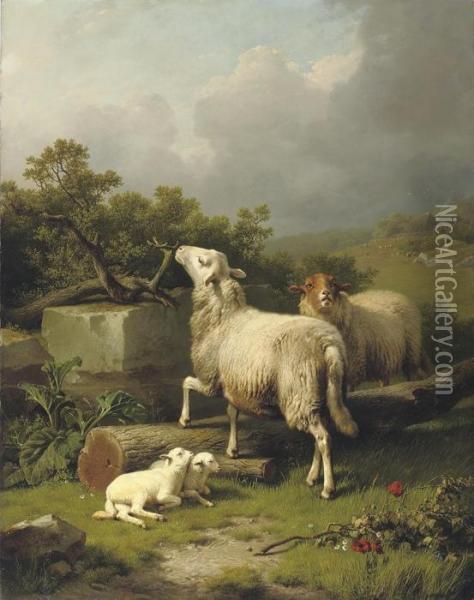 Paysage Avec Moutons: Sheep In An Extensive Landscape Oil Painting - Eugene Joseph Verboeckhoven