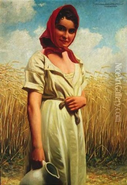 Junges Bauernmadchen Mit Rotem Kopftuch Am Rande Eines Kornfeldes Oil Painting - Hans Hassenteufel