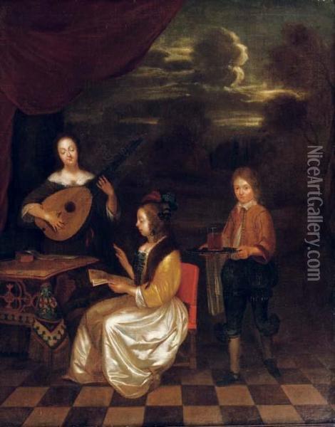 Two Ladies Playing Music Whith A Boy Serving Drinks Oil Painting - Gerard Terborch