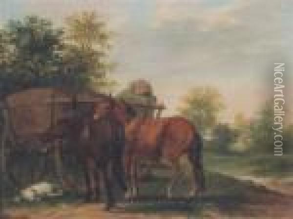 A Waggoner Resting In His Wagon, With Horses And Dog Oil Painting - George Morland