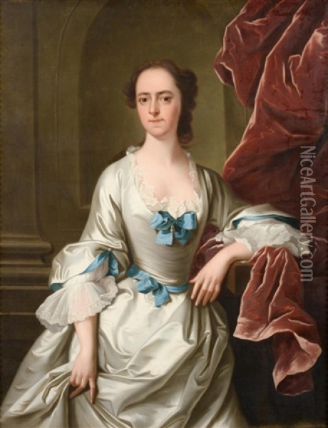 A Portrait Of A Lady, Three Quarter Length In A White Satin Dress Trimmed With Blue Ribbon Oil Painting - Thomas Hudson