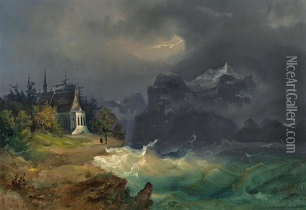 Die Tellskapelle Am Vierwaldstatter See Wahrend Eines Gewitters Oil Painting - Josef Rebell