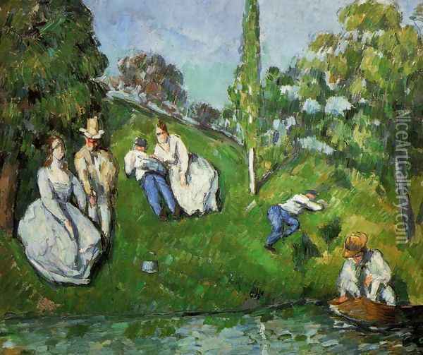 Couples Relaxing By A Pond Oil Painting - Paul Cezanne