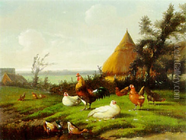 Poultry In A Meadow, A Valley Beyond Oil Painting - Jef Louis Van Leemputten