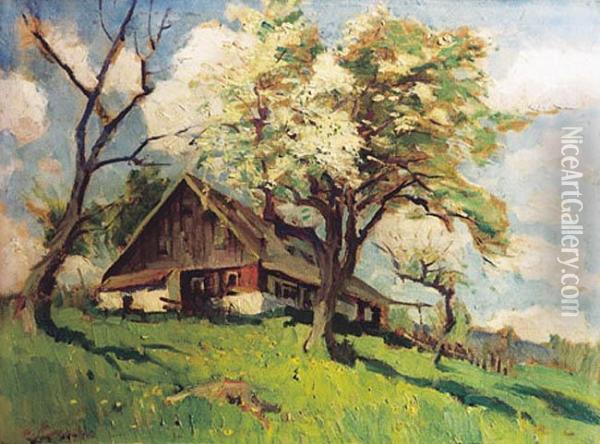 Pejzaz Z Zagroda Wsrod Drzew Oil Painting - Alfred Nickisch