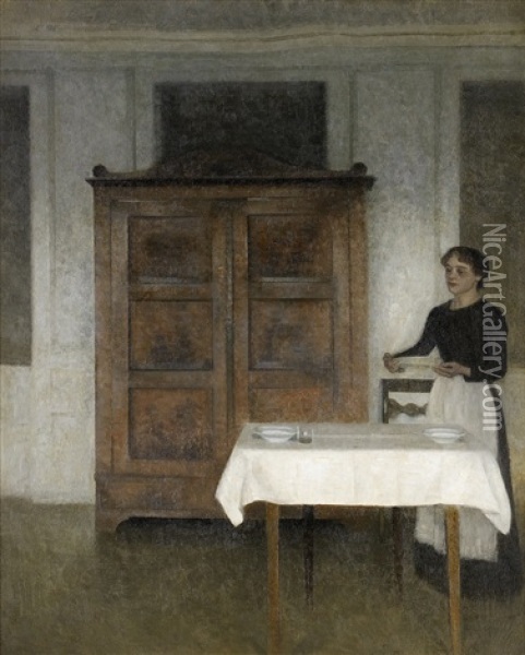 Pigen Daekker Bord Oil Painting - Vilhelm Hammershoi