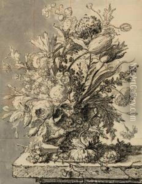 A Bouquet Of Flowers In A Terracotta Vase Resting On A Ledge Oil Painting - Jan Van Huysum