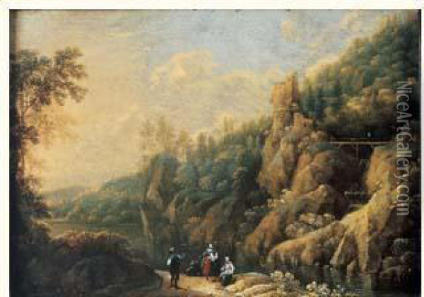 Paysage Montagneux Avec Riviere Et Promeneurs Oil Painting - Johann Christian Vollerdt or Vollaert