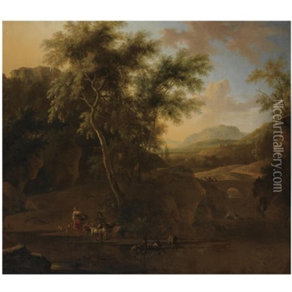 An Italianate Wooded River Landscape With Shepherds And Their Herd Of Goats In The Foreground, Two Travellers And A Donkey On The Bridge Beyond Oil Painting - Frederick De Moucheron