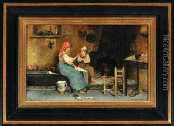 Bauerliche Stube Mit Mutter Und Kind Oil Painting - Pasquale Ruggiero