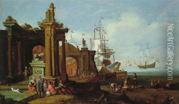 Sudliche Hafenstadt Mit Segelschiffen Und Vielen Figuren Oil Painting - Adriaen Van Der Cabel