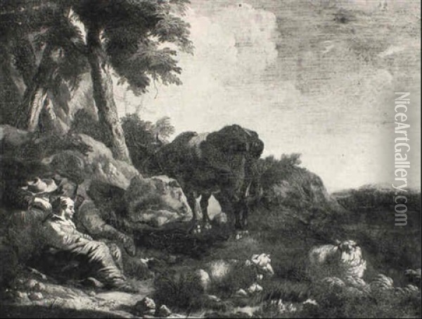 A Drover Catnapping Beside A Braying Ass, His Companion Watching Oil Painting - Johann Heinrich Roos