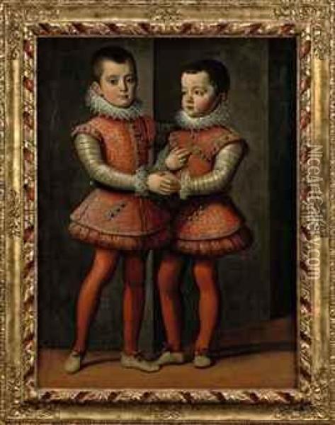 Portrait Of Vittorio Amedeo (1587-1637) And Emanuele Filiberto(1588-1624), Dukes Of Savoy, Full-length, In Red And Silvercostumes With Red Hoses, Lace Collars And Cuffs Oil Painting - Jan Kraeck
