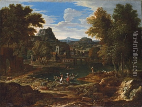 An Extensive Classical Landscape With Figures Unloading A Boat Oil Painting - Etienne Allegrain