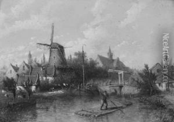 A Canal In A Town Oil Painting - Adrianus Petrus Hendrikus Wilbers