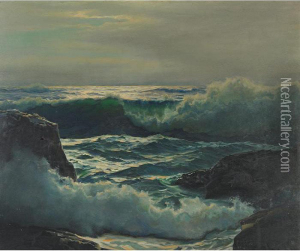 Rocks And Waves, Massachusetts Coast Oil Painting - Frederick Judd Waugh