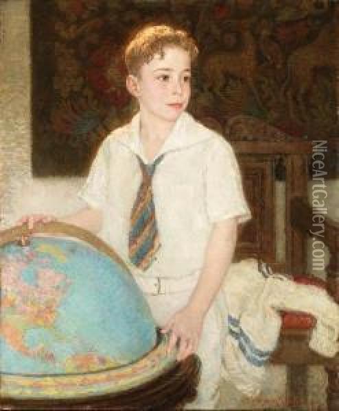 Young Boy With Globe Oil Painting - Henry Salem Hubbell